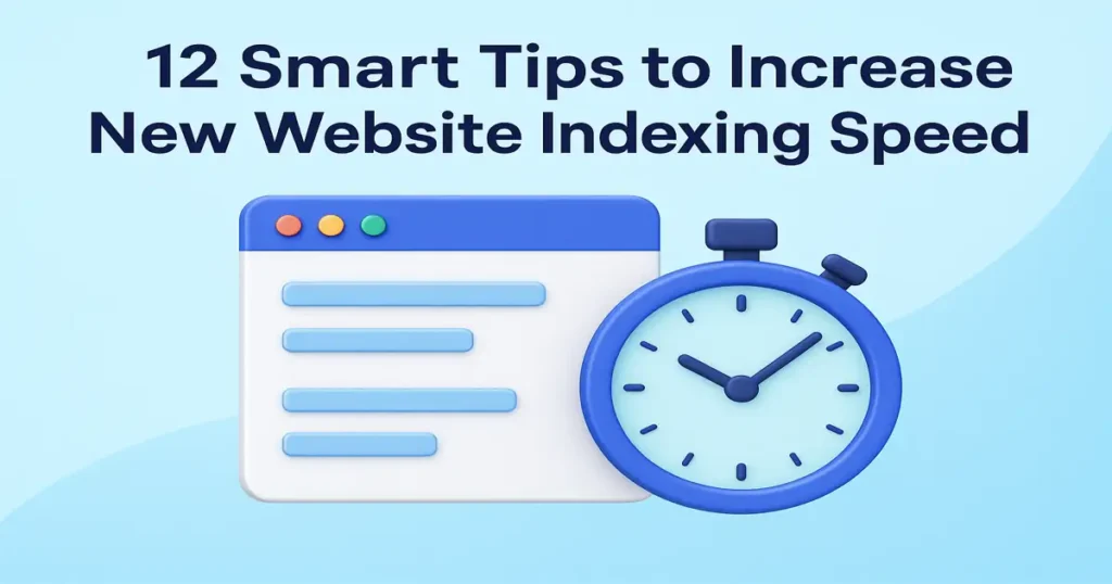 Illustration of a stopwatch and browser window representing smart tips to increase new website indexing speed
