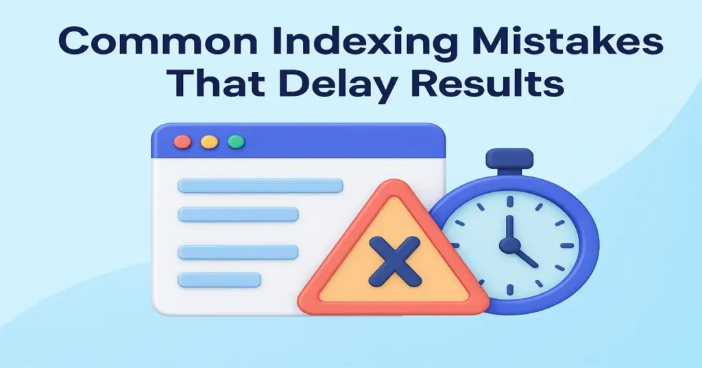 Illustration showing indexing errors with warning sign and stopwatch, representing delays in website indexing results