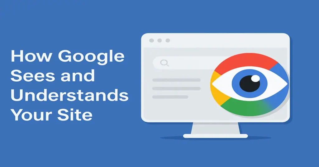 Illustration of a web browser and eye with Google colors symbolizing how Google crawls and understands your site