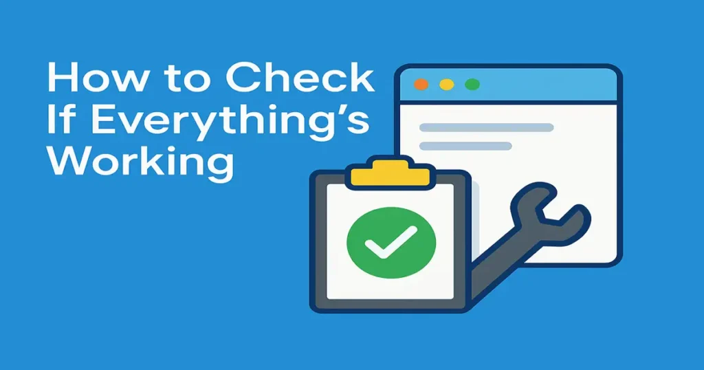Illustration showing a web page, checklist clipboard, and wrench representing how to verify if technical SEO is functioning correctly
