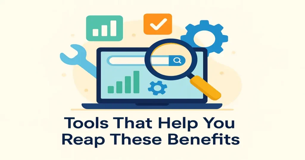 Illustration of a laptop, magnifying glass, wrench, and gear representing tools that support technical SEO benefits