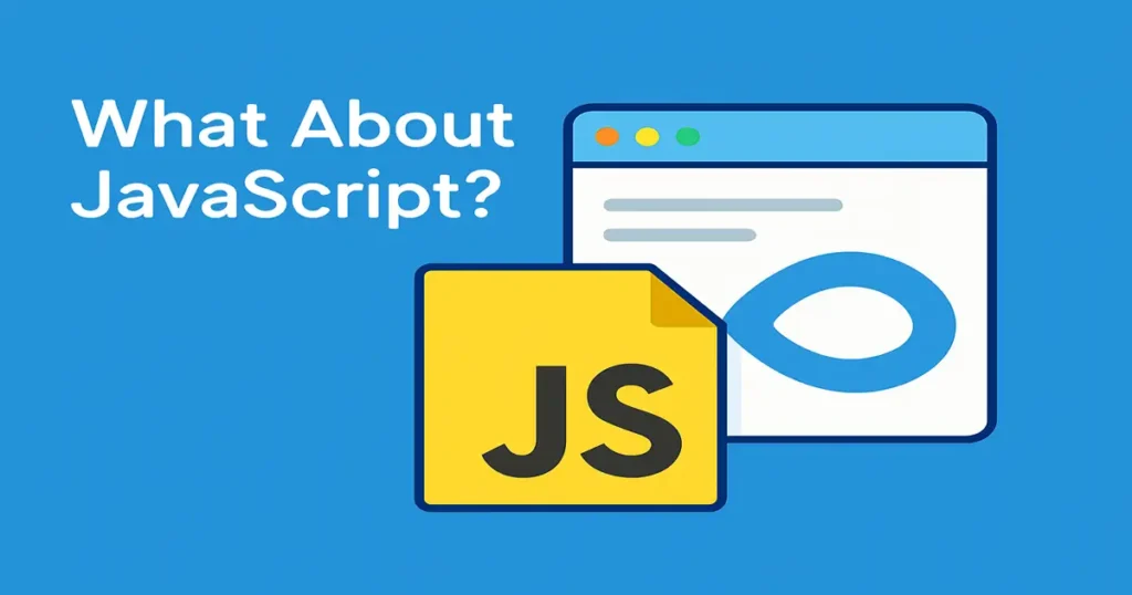 Flat illustration of a JS file and browser window representing how JavaScript impacts website indexing