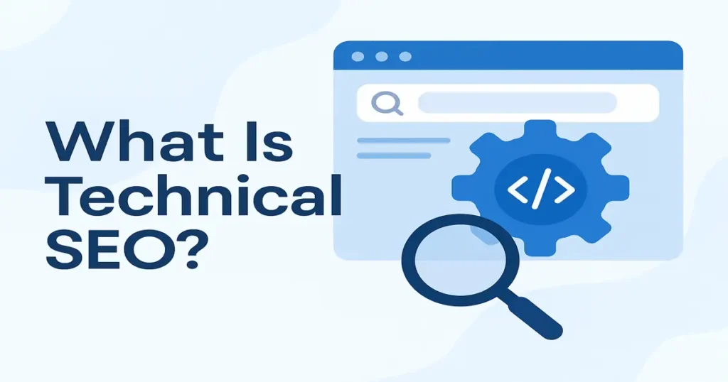 Illustration of a bar graph, arrow, gear, thumbs-up, and document showing 15 powerful benefits of technical SEO