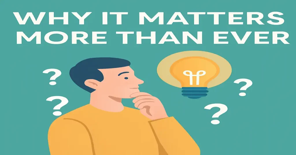 "Illustration of a thoughtful man with lightbulb and question marks representing the importance of Technical SEO today