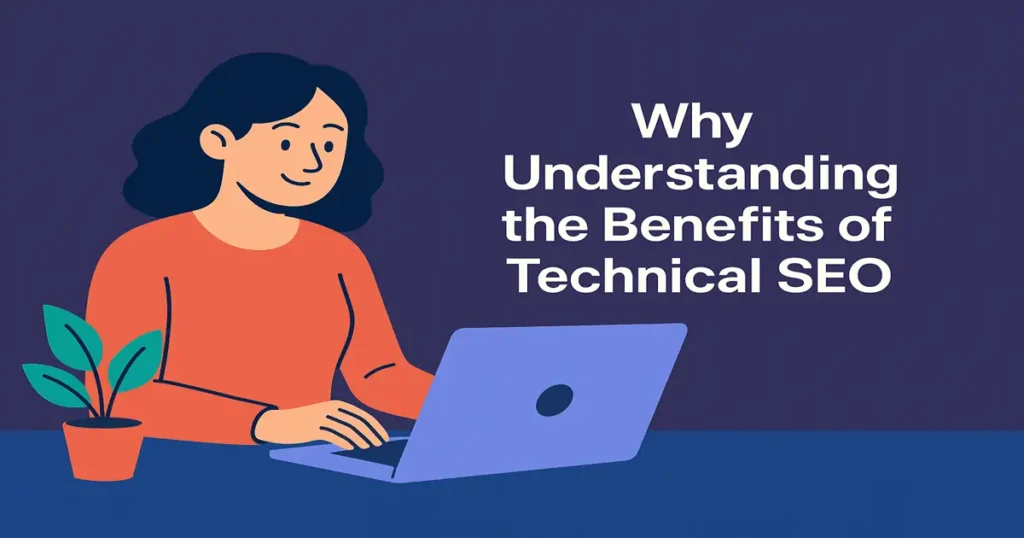 Illustration of a woman using a laptop, symbolizing the importance of understanding benefits of technical SEO