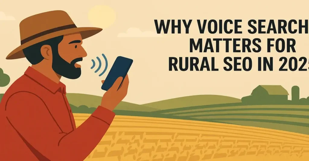 A farmer talking into his phone with fields in the background, showing how voice search is changing SEO in rural areas.